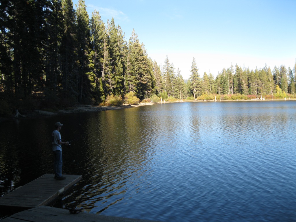 Packer Lake.  Andrew, fishing from the floating dock.