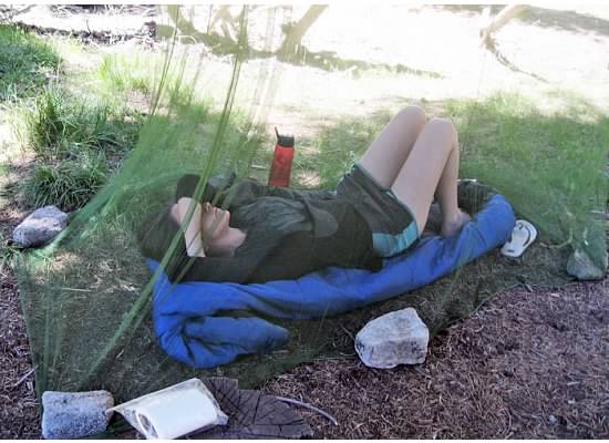 Unless you are fond of mosquitoes, June is not the time to camp by a lake.  Julia, relaxing in the safety of the mosquito net.